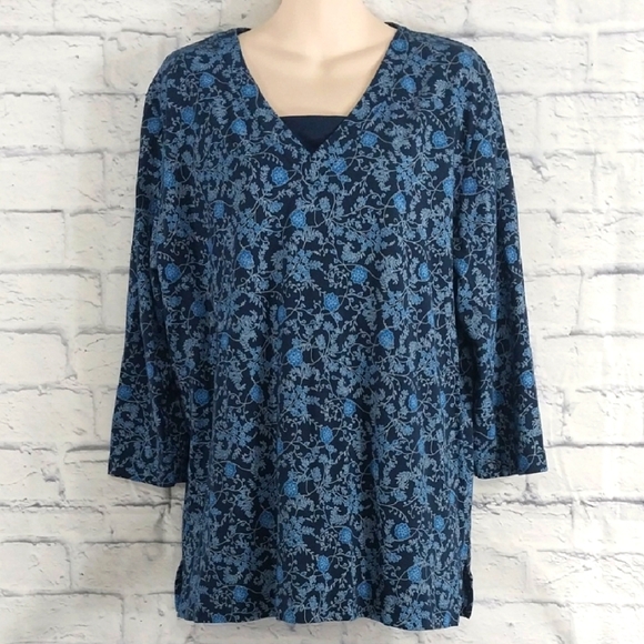 BOGO FREE Chic Top Comfort Collection Blue Floral Long Sleeve Sz L - Picture 1 of 5